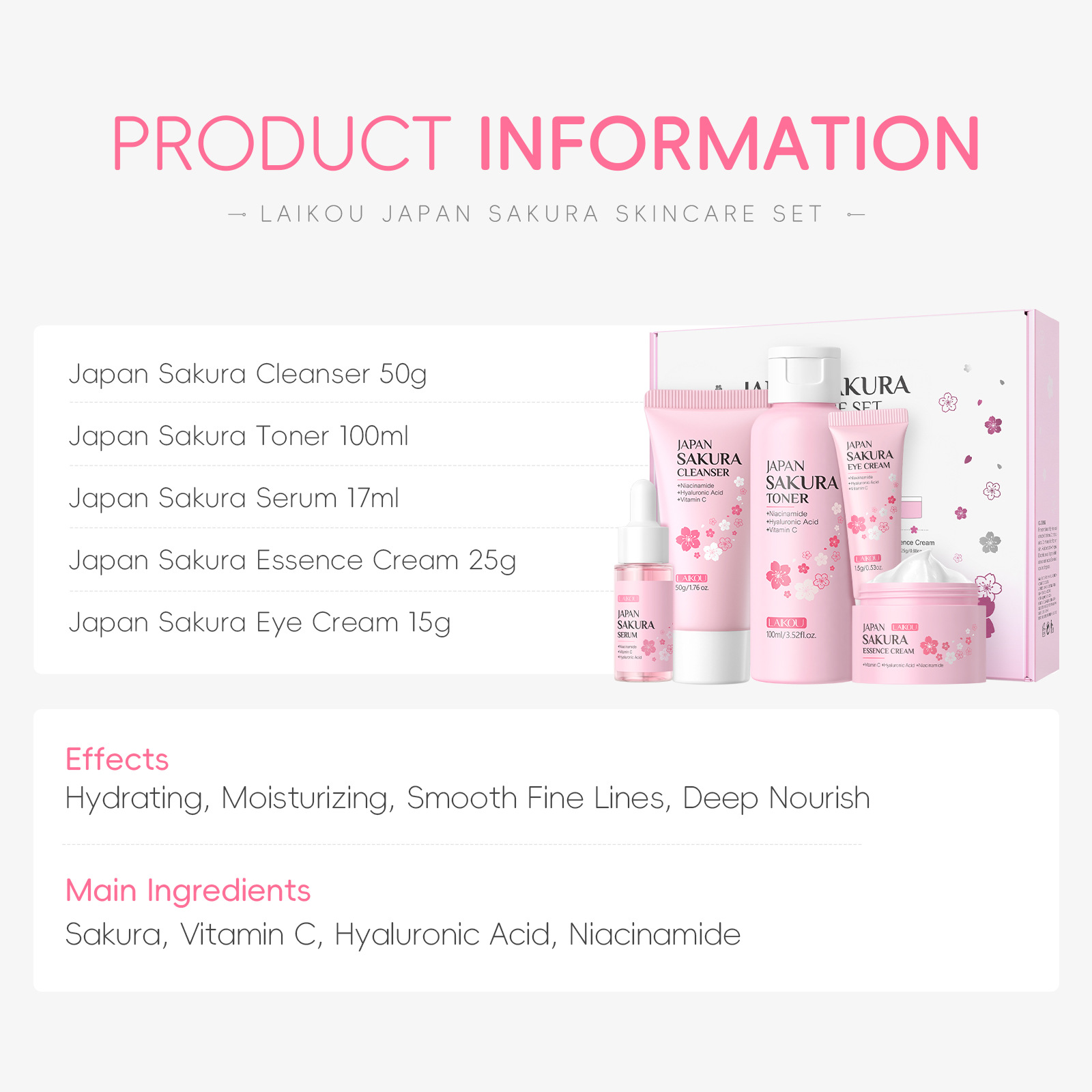 LAIKOU Sakura 5pcs Skin Care K – обзор и цена Essence Serum Toner